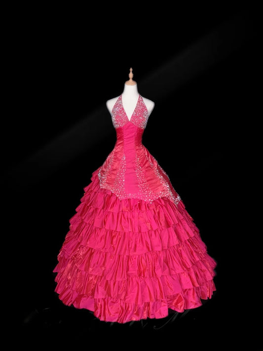 Prinzessin Ballkleid Neckholder Pink Ärmellos mit Silberperlen Lange Quinceanera Kleid Cenicienta Kleid RB3474