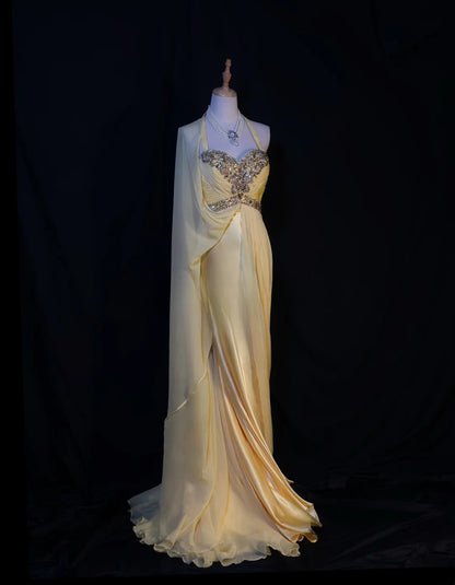 Vintage 80s Prom Dresses A line Halter Yellow Chiffon With Beading Long Evening Dress Formal Outfits RB5885