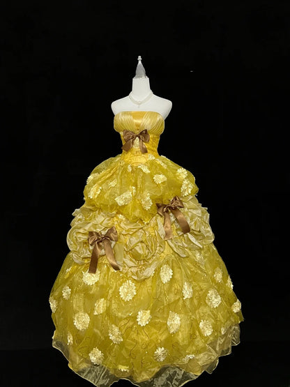 Beautiful Ball Gown Strapless Yellow Organza Long Quince Dress Voluminous Sweet 16 Sweet Sixteen Outfits Vestido de 15 RB7449