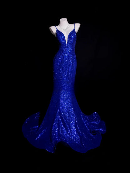 Royal Blue Prom Dress Inspo Mermaid Spaghetti Straps Sequin Modest Long Formal Party Gown RB9880