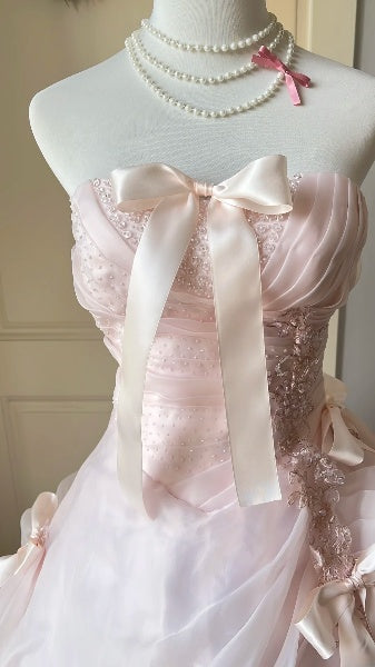 Traumhaftes langes trägerloses Ballkleid für den 16. Geburtstag, rosa Spitze, Sweet Sixteen Partykleid RC0448