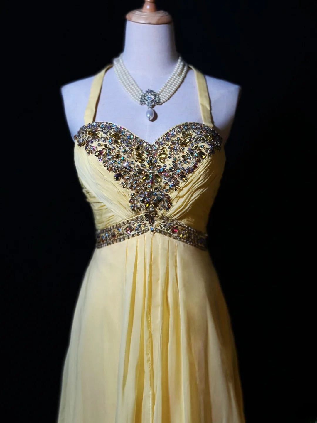 Vintage 80s Prom Dresses A line Halter Yellow Chiffon With Beading Long Evening Dress Formal Outfits RB5885