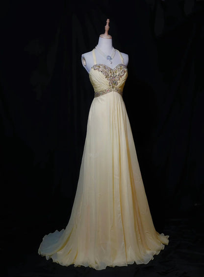 Vintage 80s Prom Dresses A line Halter Yellow Chiffon With Beading Long Evening Dress Formal Outfits RB5885