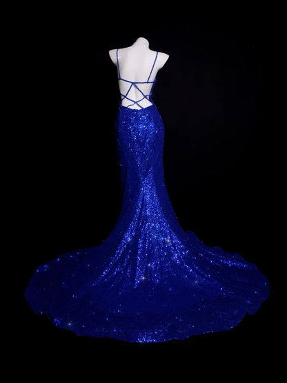 Royal Blue Prom Dress Inspo Mermaid Spaghetti Straps Sequin Modest Long Formal Party Gown RB9880