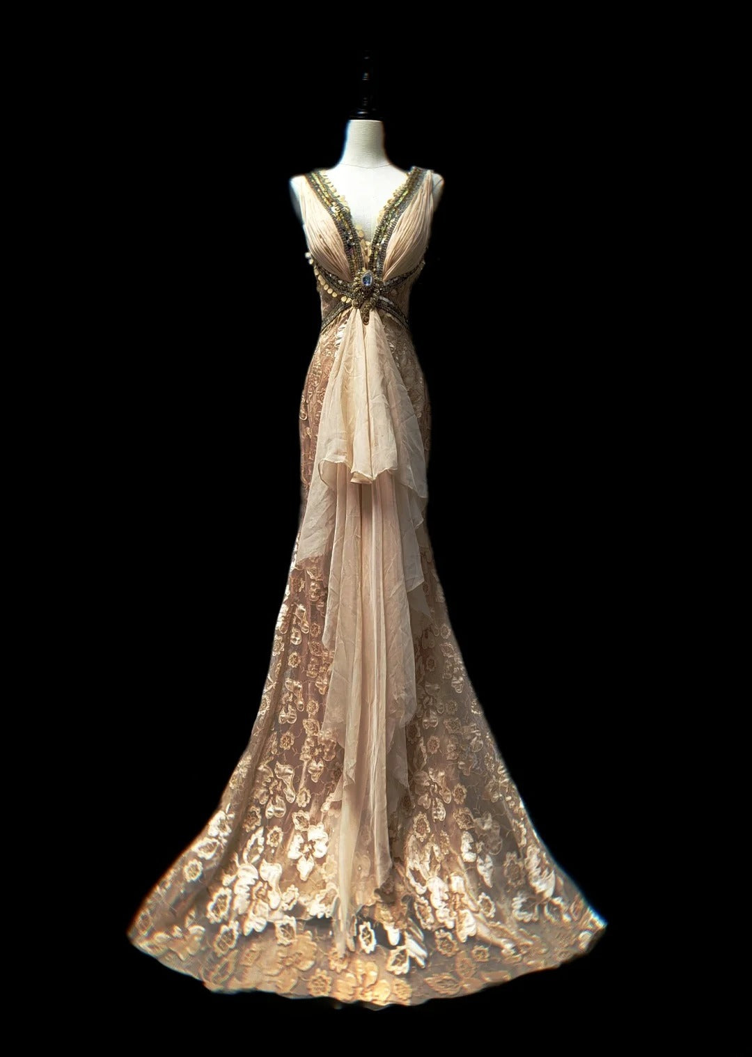 Robe de bal longue sans manches en mousseline rose poudré, col en V, style sirène vintage, ornée de perles et de dentelle, idéale pour les élèves de terminale ou les soirées de remise de diplômes (AS079)