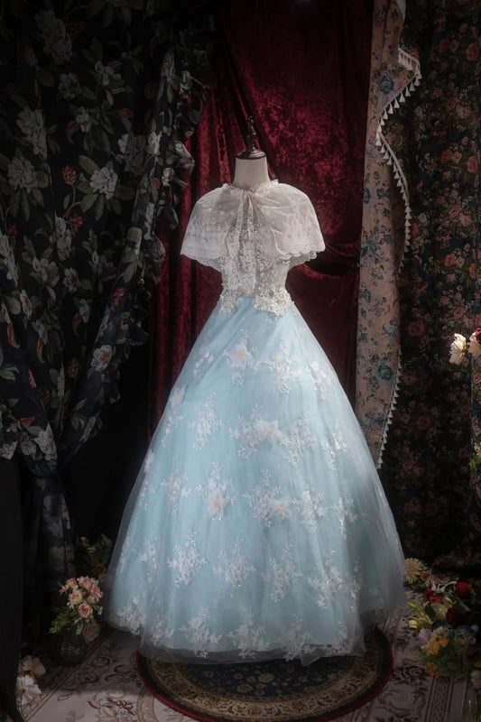 Pretty Ball Gown Scoop Light Sky Blue Tulle With Appliqued Long Quince Dress Quinceanera Dresses Formal Birthday Outfits RB8098