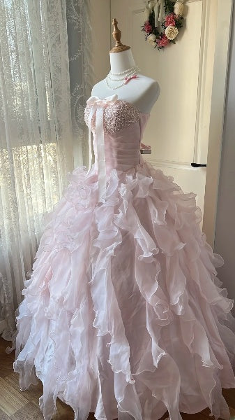 Traumhafte schulterfreie lange Abendkleider in Pink für den 16. Geburtstag, gestuftes Ballkleid für die Sweet-Sixteen-Party, Modell RC0449