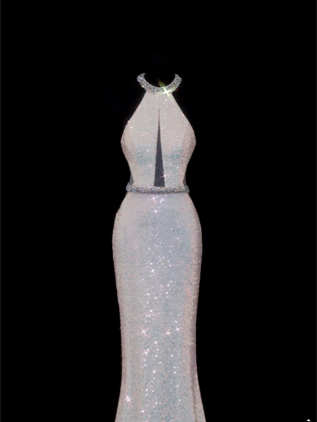 Elegantes Meerjungfrauen-Abendkleid im Stil der 1950er Jahre: Hochgeschlossenes, weißes Paillettenkleid mit hohem Kragen, rückenfrei, ideal für festliche Anlässe und Partys (SA079).