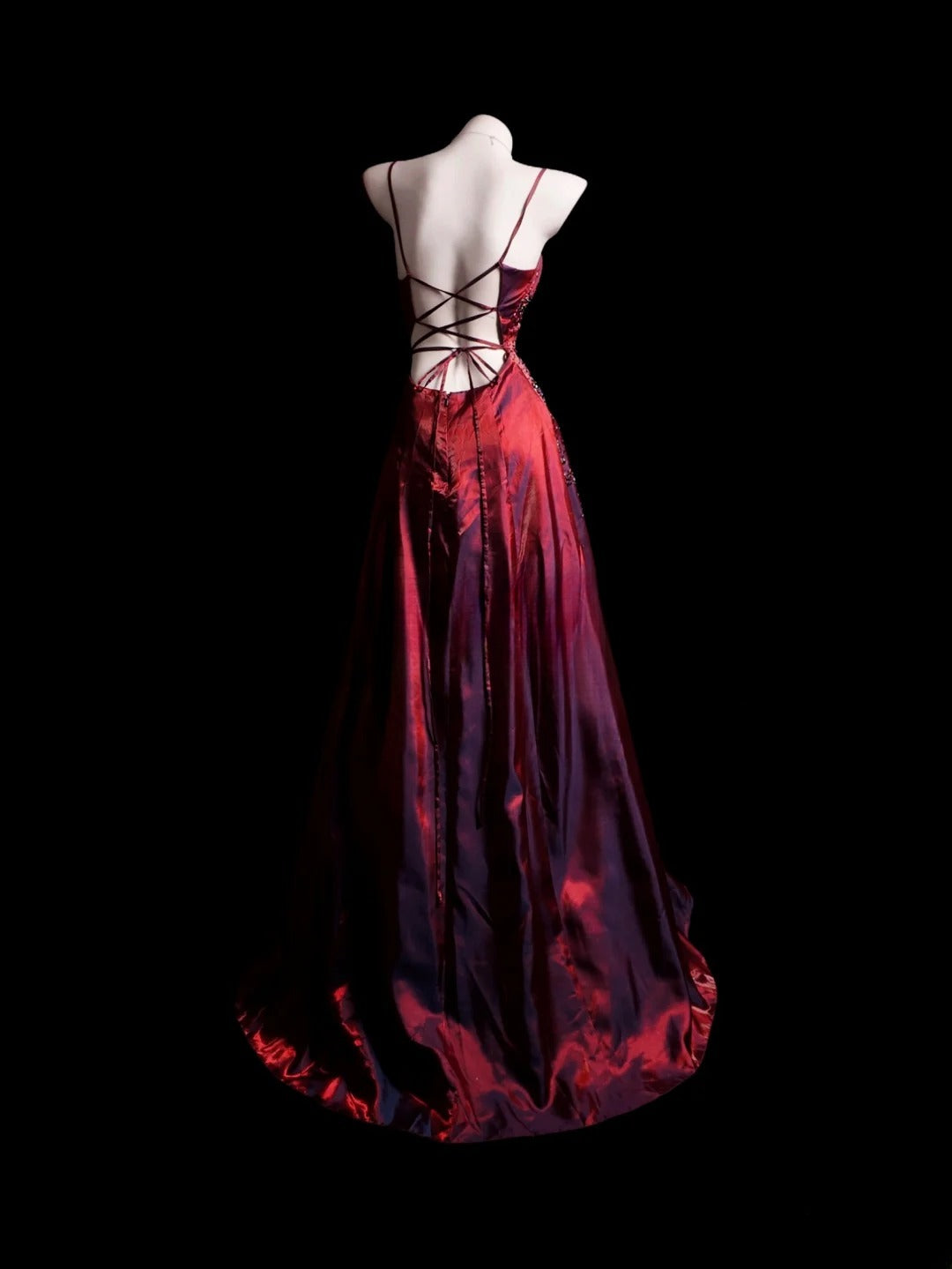 Burgundy Prom Dress A line Spaghetti Straps Backless Satin With Beading Modest Formal Party Gown RB9881