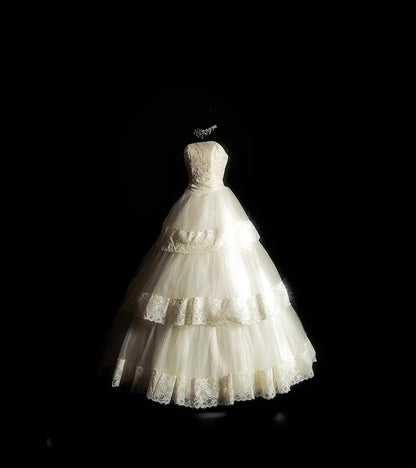 Vintage Ball Gown Strapless 80s With Tiered Lace Long Autumn Winter Bridal Dress Wedding Dresses RB8823