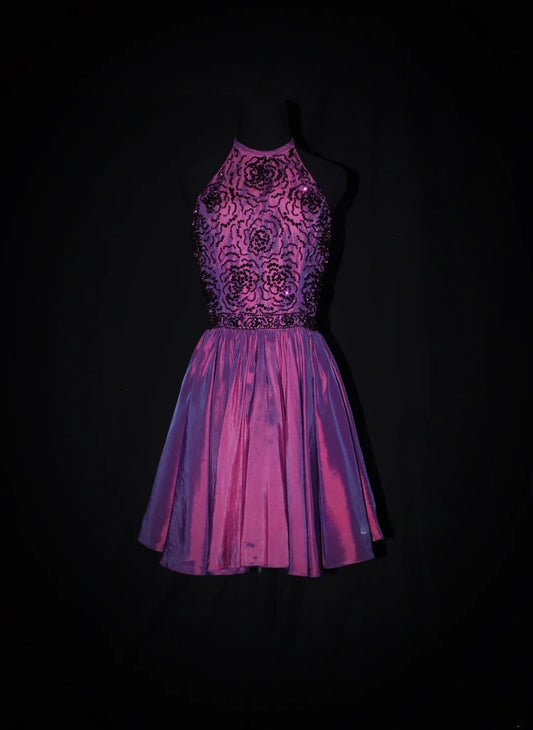 Niedliches kurzes Ballkleid mit Neckholder aus weinrotem Taft mit Perlen, ideal für den 18. Geburtstag, den Abschlussball oder als Cocktailkleid (AS079)