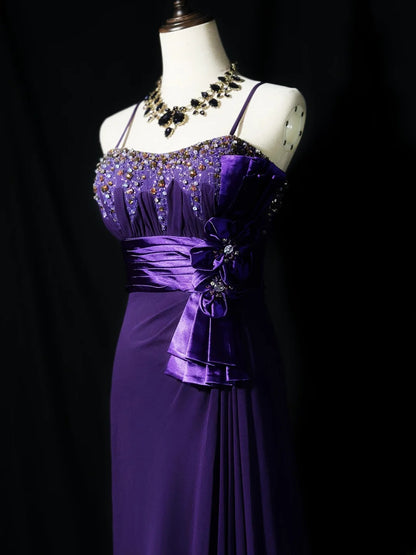 Vintage 70s Prom Dresses Mermaid Spaghetti Strap Purple Chiffon With Beaded Evening Dress Formal Outfits RB5886