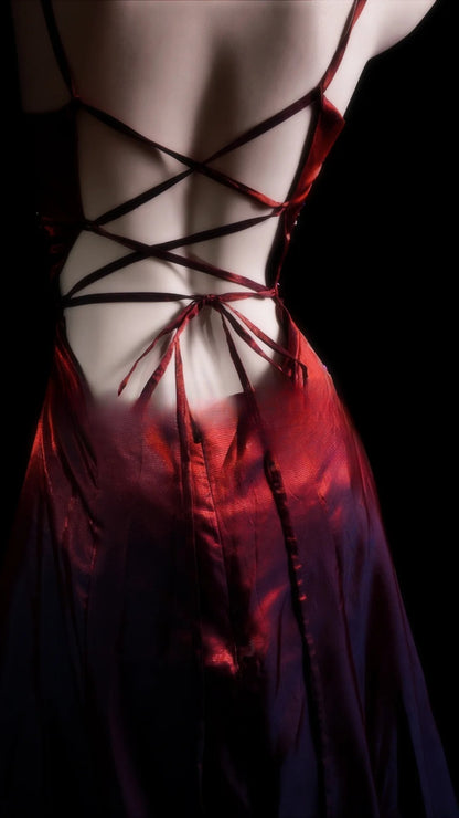 Burgundy Prom Dress A line Spaghetti Straps Backless Satin With Beading Modest Formal Party Gown RB9881