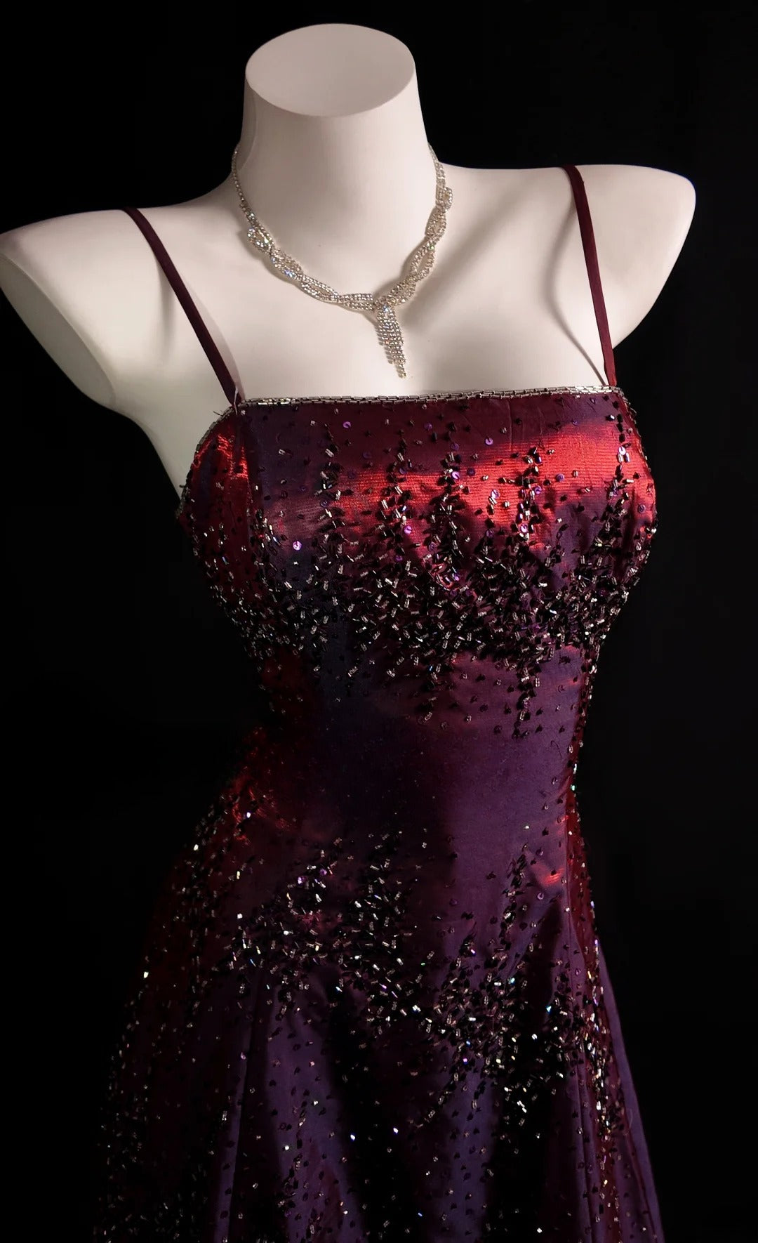 Burgundy Prom Dress A line Spaghetti Straps Backless Satin With Beading Modest Formal Party Gown RB9881