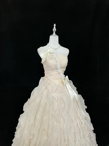 Beautiful Ball Gown One Shoulder Champagne Chiffon Long Quince Dress Voluminous Sweet 16 Sweet Sixteen Outfits Vestido de 15 RB7450