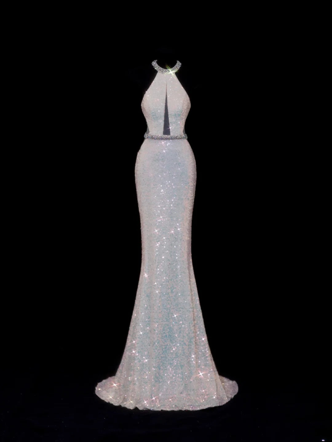Elegantes Meerjungfrauen-Abendkleid im Stil der 1950er Jahre: Hochgeschlossenes, weißes Paillettenkleid mit hohem Kragen, rückenfrei, ideal für festliche Anlässe und Partys (SA079).