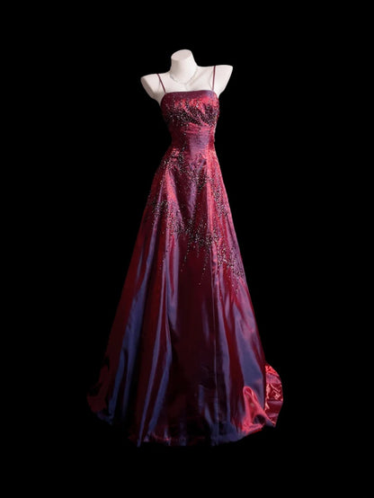 Burgundy Prom Dress A line Spaghetti Straps Backless Satin With Beading Modest Formal Party Gown RB9881