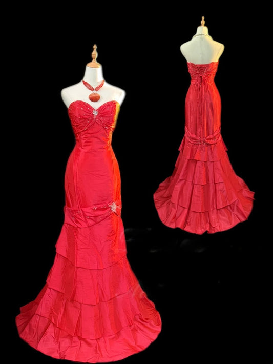 Vintage Meerjungfrau-Abschlussballkleider, Sweetheart-Ausschnitt, Rot, Taft, Ärmellos mit Perlenstickerei, Lange Abendkleider, Festliche Outfits RB3475