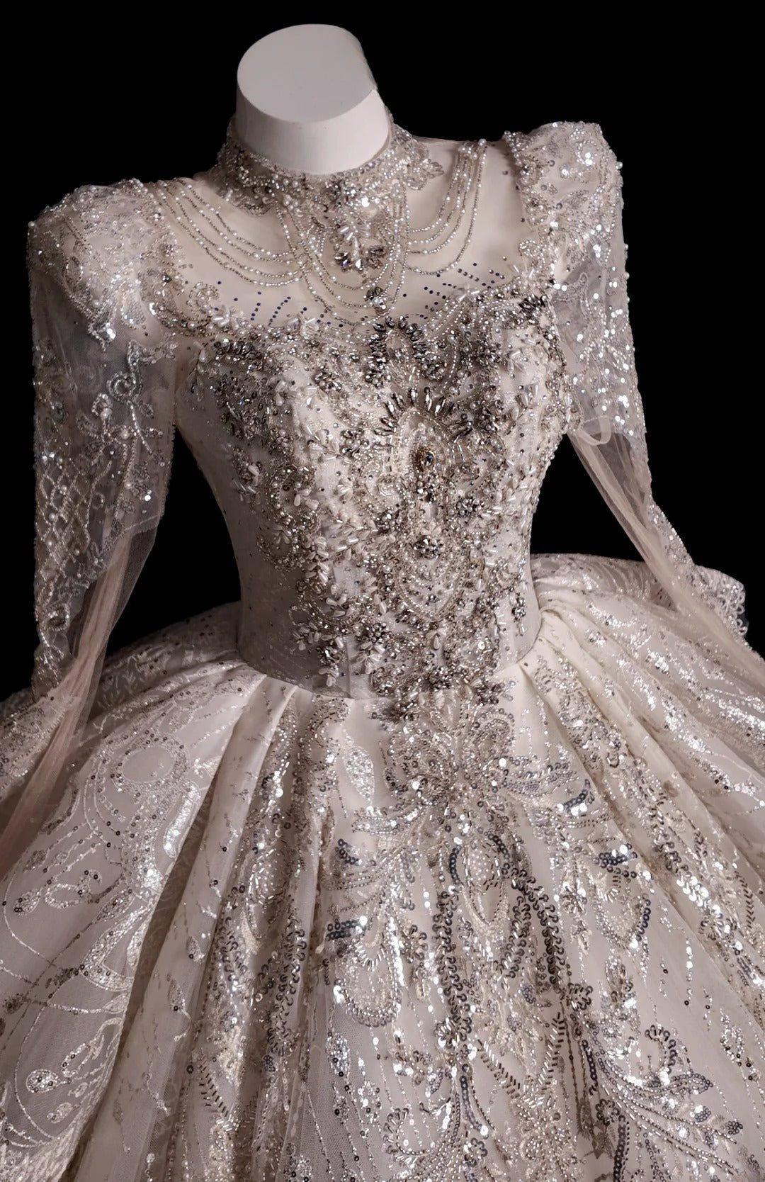 Princess Wedding Dress Ball Gown High Neck White Sequined With Long Sleeves Bridal Gown for Big Day RB9882