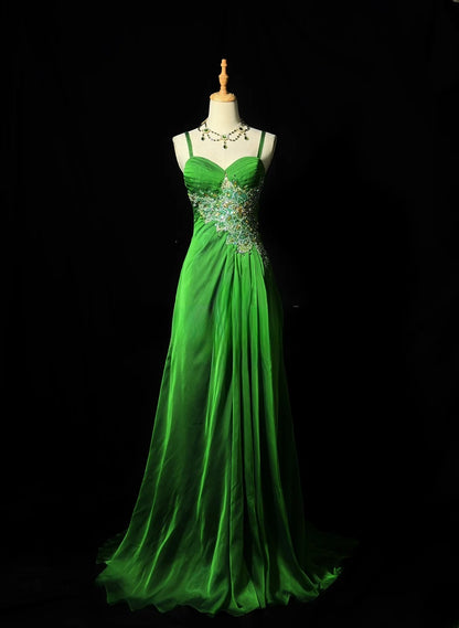 Vintage 80s Prom Dresses A line Spaghetti Strap Green Chiffon With Beading Long Evening Dress Formal Outfits RB5887