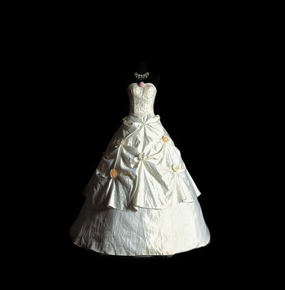 Vintage Ball Gown Strapless 80s With 3D Flowers Long Autumn Winter Bridal Dress Wedding Dresses RB8824