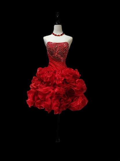 Robe de bal vintage rouge bustier à volants, robe courte pour un 16e anniversaire, robe de soirée, robe de cocktail AS065