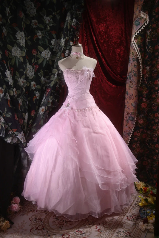 Pretty Ball Gown Strapless Pink Tulle With Silver Beading Long Quince Dress Quinceanera Dresses Formal Birthday Outfits RB8099