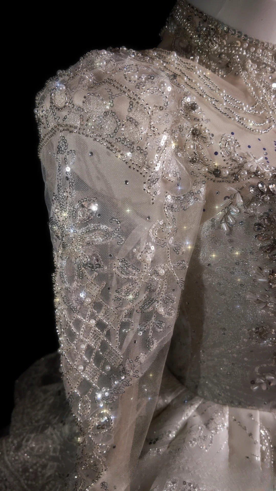 Princess Wedding Dress Ball Gown High Neck White Sequined With Long Sleeves Bridal Gown for Big Day RB9882