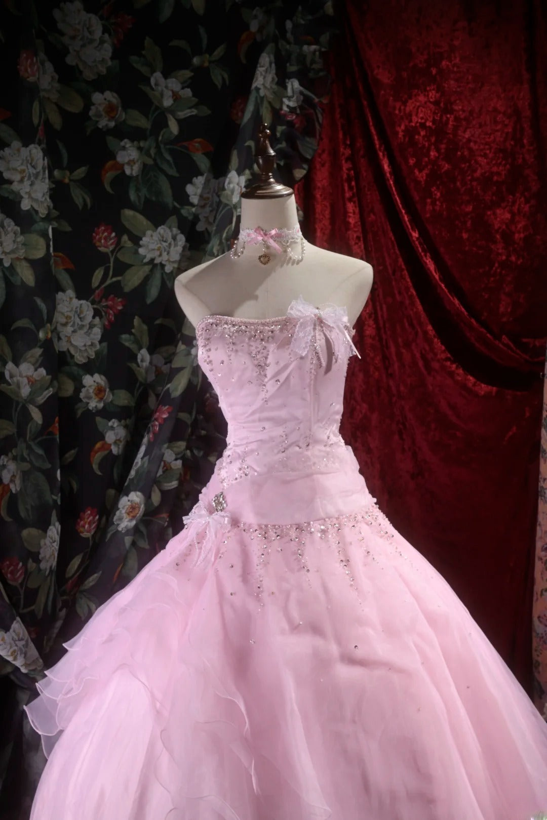 Pretty Ball Gown Strapless Pink Tulle With Silver Beading Long Quince Dress Quinceanera Dresses Formal Birthday Outfits RB8099