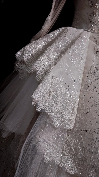 Princess Wedding Dress Ball Gown High Neck White Sequined With Long Sleeves Bridal Gown for Big Day RB9882