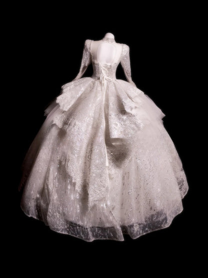 Princess Wedding Dress Ball Gown High Neck White Sequined With Long Sleeves Bridal Gown for Big Day RB9882