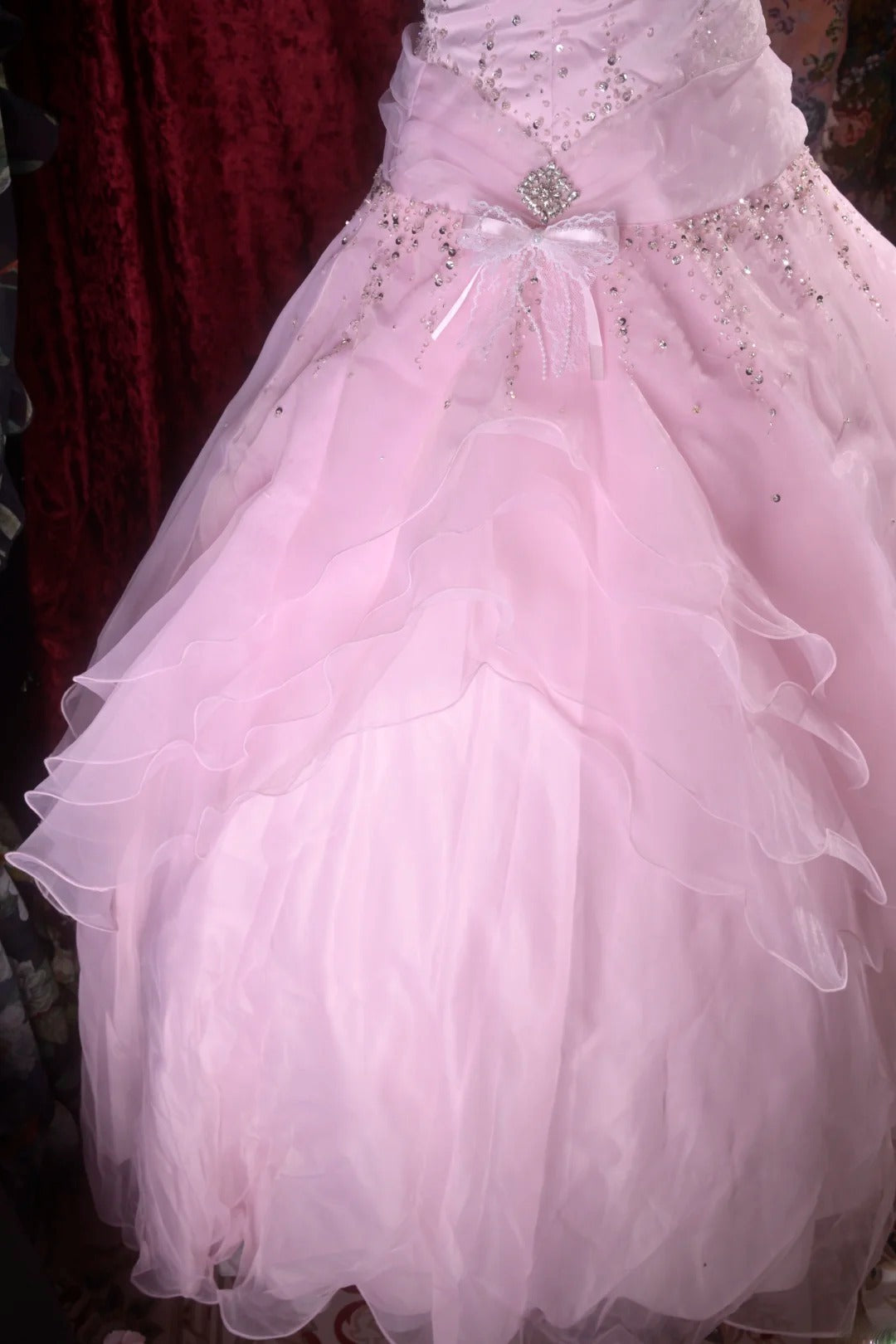 Pretty Ball Gown Strapless Pink Tulle With Silver Beading Long Quince Dress Quinceanera Dresses Formal Birthday Outfits RB8099