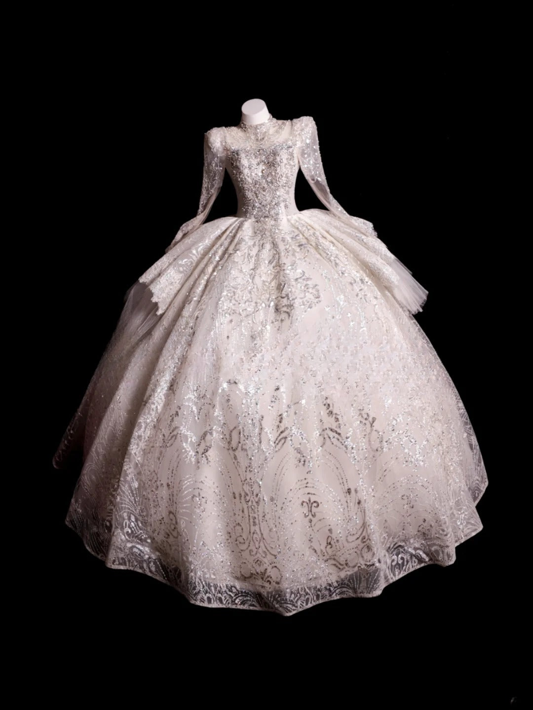 Princess Wedding Dress Ball Gown High Neck White Sequined With Long Sleeves Bridal Gown for Big Day RB9882