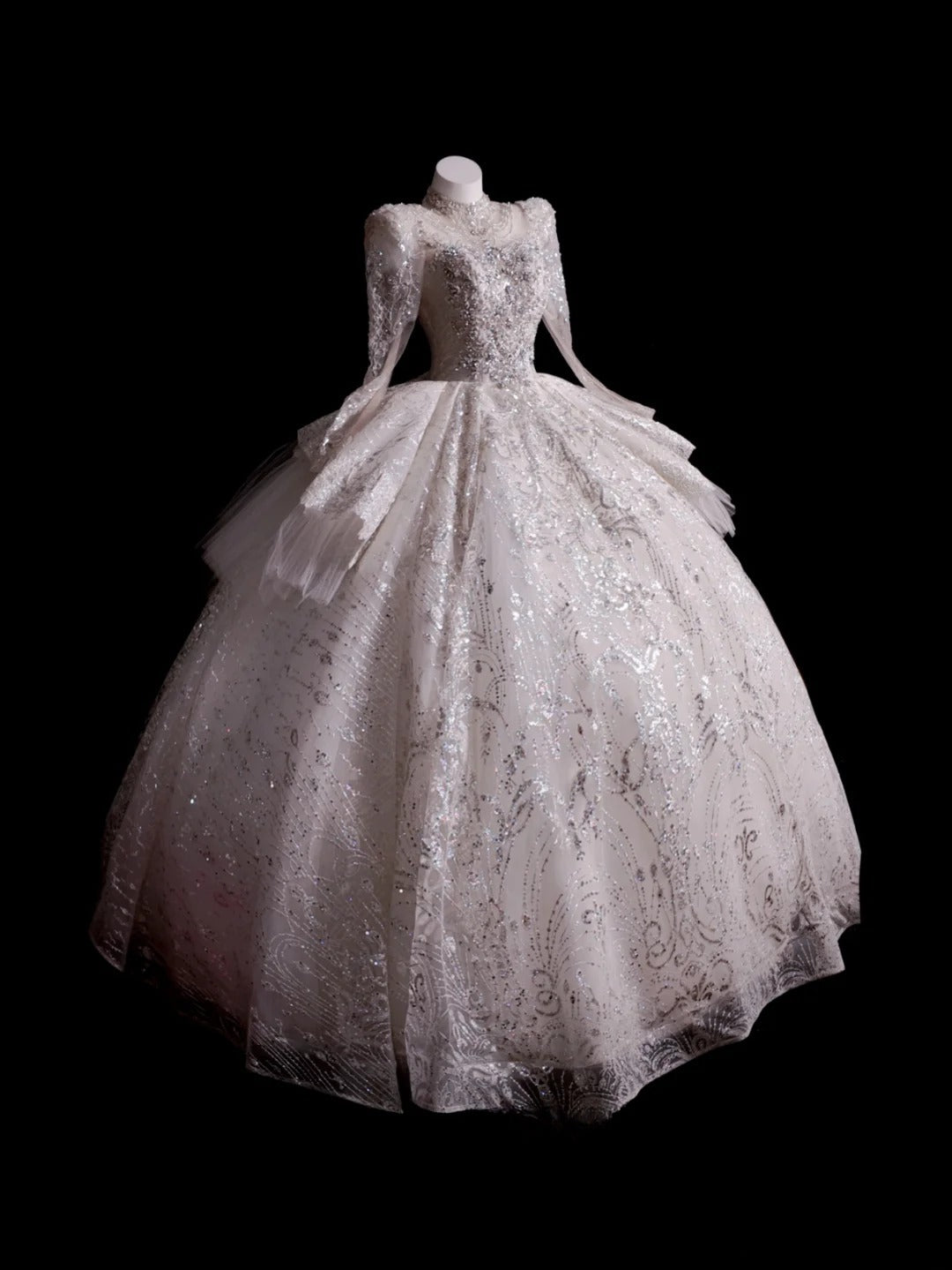 Princess Wedding Dress Ball Gown High Neck White Sequined With Long Sleeves Bridal Gown for Big Day RB9882