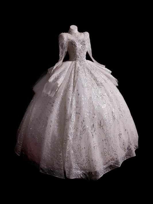 Princess Wedding Dress Ball Gown High Neck White Sequined With Long Sleeves Bridal Gown for Big Day RB9882