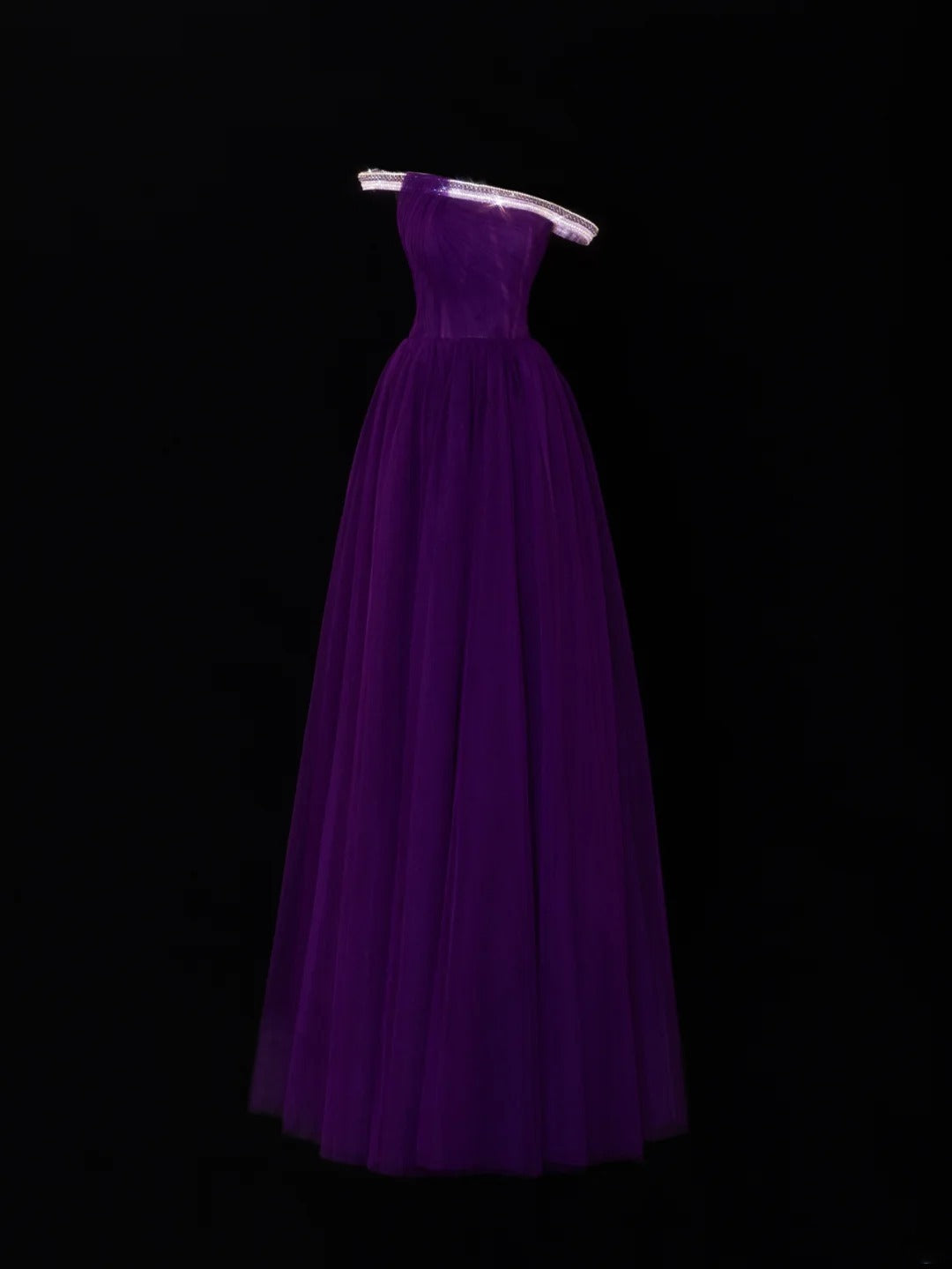 Elegantes, schulterfreies, lila Tüllkleid im A-Linien-Stil der 1950er Jahre mit Perlen und Falten – ein beeindruckendes langes Ballkleid oder Abendkleid SA081
