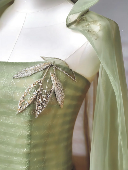 Fairy-tale Ball Gown Strapless Green Tulle With Cape Long Formal Fancy Beaded Prom Evening Dress Dinner Outfits Party Gowns AQ081