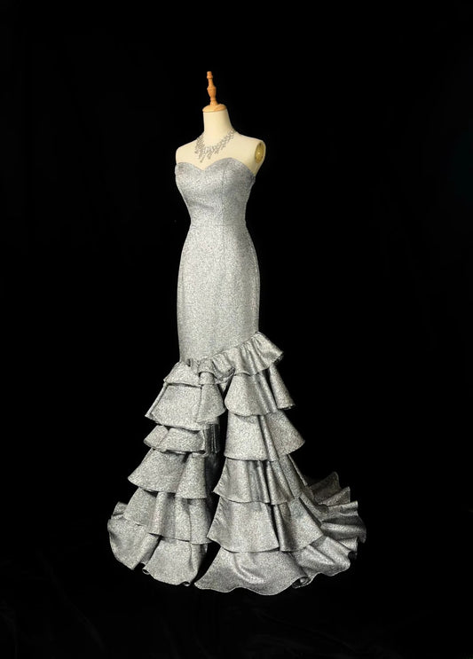 Vintage Prom Dresses Mermaid Sweetheart Grey With Ruffled Long Evening Dress Formal Outfits RB5888