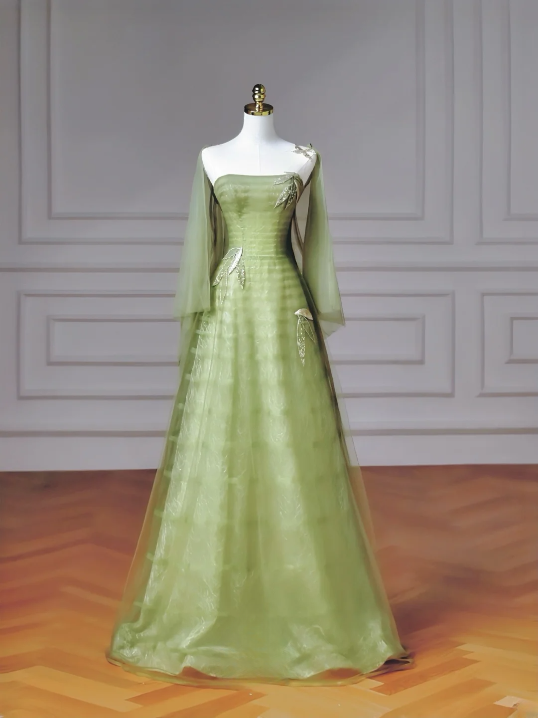 Fairy-tale Ball Gown Strapless Green Tulle With Cape Long Formal Fancy Beaded Prom Evening Dress Dinner Outfits Party Gowns AQ081