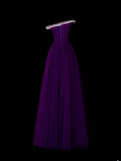 Elegantes, schulterfreies, lila Tüllkleid im A-Linien-Stil der 1950er Jahre mit Perlen und Falten – ein beeindruckendes langes Ballkleid oder Abendkleid SA081