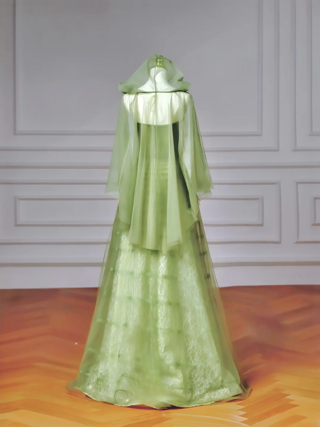 Fairy-tale Ball Gown Strapless Green Tulle With Cape Long Formal Fancy Beaded Prom Evening Dress Dinner Outfits Party Gowns AQ081