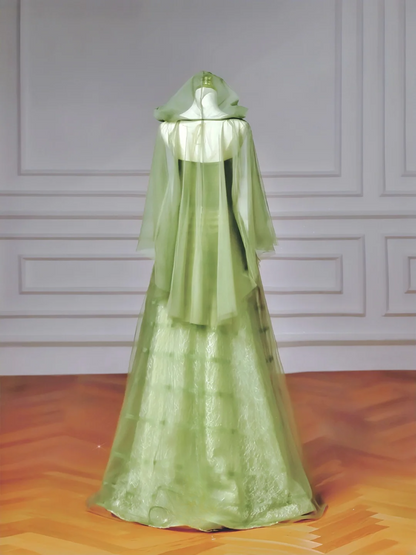 Fairy-tale Ball Gown Strapless Green Tulle With Cape Long Formal Fancy Beaded Prom Evening Dress Dinner Outfits Party Gowns AQ081