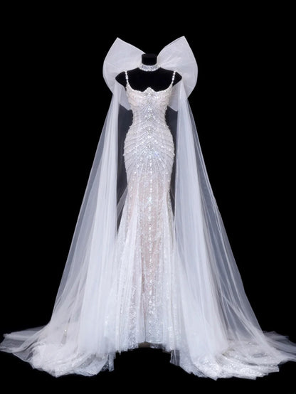 Robe de mariée intemporelle, style sirène romantique, bretelles spaghetti, en tulle orné de perles argentées, blanche, tailles petites et grandes, pour femme SA082