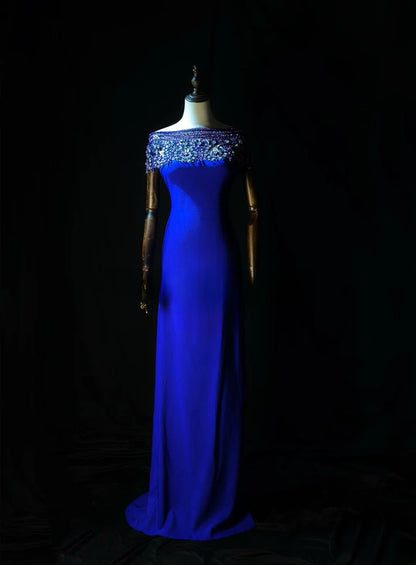 Vintage Prom Dresses Mermaid Off The Shoulder Royal Blue With Beading Crystals Long Evening Dress Formal Outfits RB5889