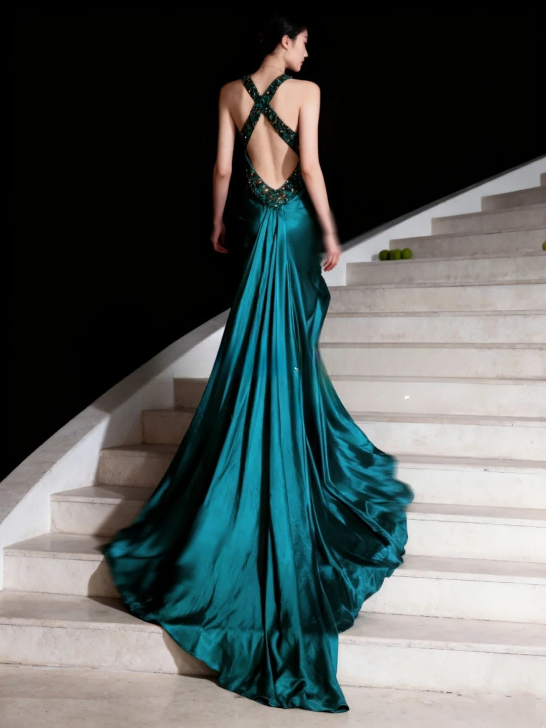 Blue Prom Dress Inspo Mermaid V Neck Satin Backless With Train Modest Long Formal Party Gown RB9883