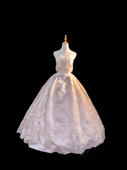 Prinzessin Ballkleid Trägerlos Hellrosa Ärmellos Mit Spitze Langes Quinceañera Kleid vestido de 15 de cenicienta RB3476