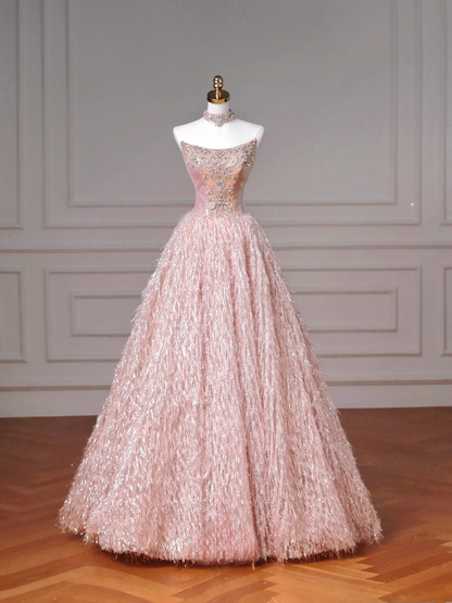Robe de bal féérique bustier en tulle rose ornée de pierres précieuses, longue, élégante et perlée, idéale pour un bal de promo, une soirée ou un dîner (AQ082)