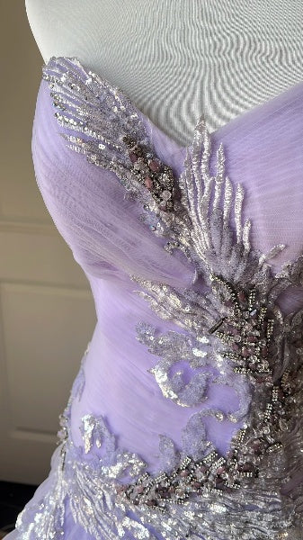 Langes fliederfarbenes Abendkleid im Meerjungfrau-Stil mit herzförmigem Ausschnitt und Spitzenapplikationen für Damen RC0450