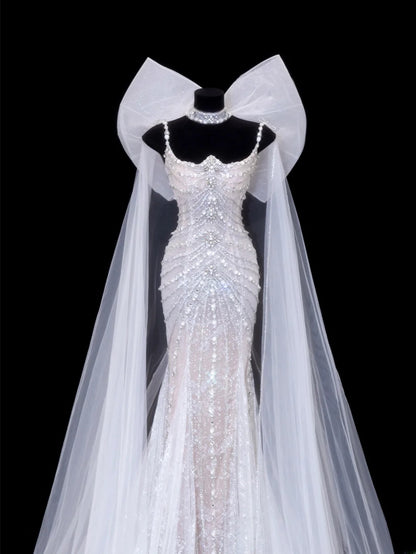 Robe de mariée intemporelle, style sirène romantique, bretelles spaghetti, en tulle orné de perles argentées, blanche, tailles petites et grandes, pour femme SA082