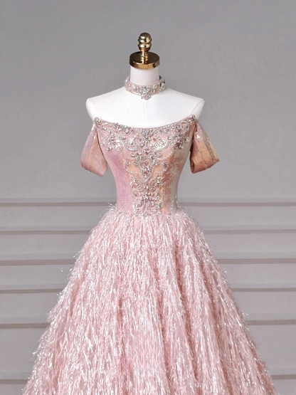 Robe de bal féérique bustier en tulle rose ornée de pierres précieuses, longue, élégante et perlée, idéale pour un bal de promo, une soirée ou un dîner (AQ082)